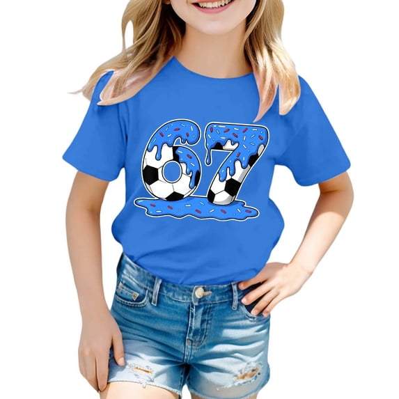WMQPNNS Kids Girls Short Sleeved Tops Girls Short Sleeve Tops Size 14 Casual Regular Fit Cowl Neck Tunic Tops Soft Comfy Blouse Cute Print Summer Cotton Tops, Size 3-4 Years, Blue