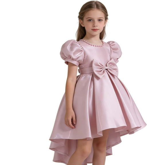 WMQPNNS Satin Flower Girl Dresses for Wedding Birthday Party, Beads Retro Pageant Dress Bowknot High Low Hem Dress Gown, Dress for Age 5-6 Years, Pink