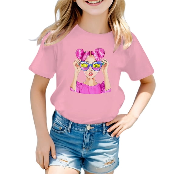 WMQPNNS Summer Shirts for Girl Kids Shirts Size 6 Casual Short Sleeve Blouse Crew Neck Cotton T Shirt Printed Soft Comfy Tops Shirts Printed Tops(Size 11-12 Years, Pink)