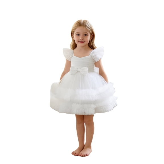 WMQPNNS Toddler Baby Girls Ruffle Dresses Tutu Pageant Wedding Flower Girl Dress Birthday Outfits Party Bowknot Gown, Dress for Age 6-9 Months, White