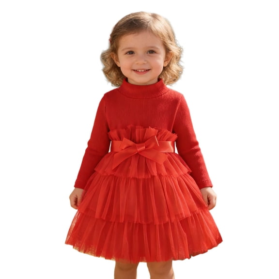 WMQPNNS Toddler Girls Tutu Dress Red Dress for Age 12-18 Months Long Sleeve Fall Winter Tiered Wedding Birthday Formal Party Dresses for Kids