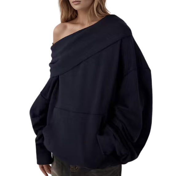 WMQPNNS Women Casual Long Sleeve Sweatshirts Fall Off The Shoulder Pullover One Shoulder Tops Cute Loose Hoodies with Pocket, Color Navy, Size S