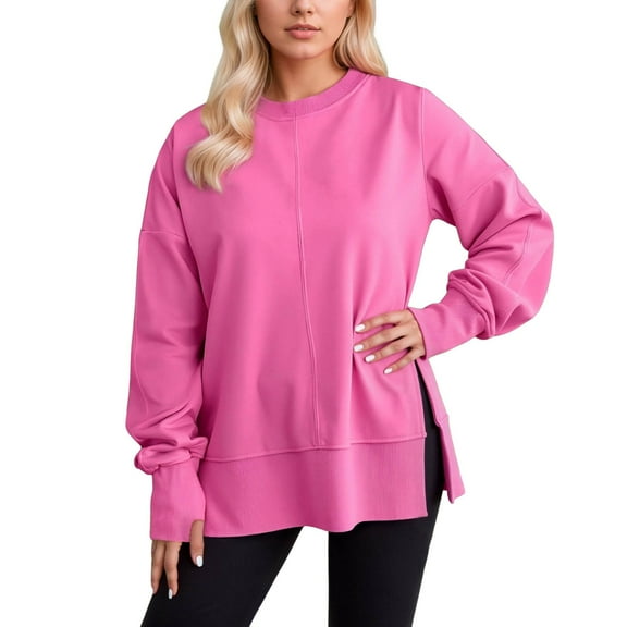 WMQPNNS Women Oversized Sweatshirts Thumbhole Long Sleeve Hoodies Shirts 2025 Fall Side Slit Pullover Top Teen Streetwear Outfits, Color Pink, Size S