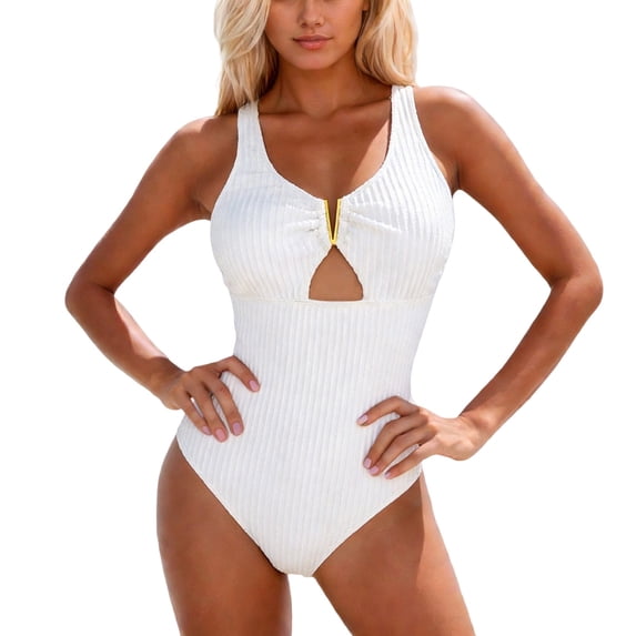 WMQPNNS Women's 1 Piece Swimsuit Adjustable Straps Cutout Bathing Suit Solid Color Slim Fit Bikinis Swimwear for Beach Pool, Size XL, White 1