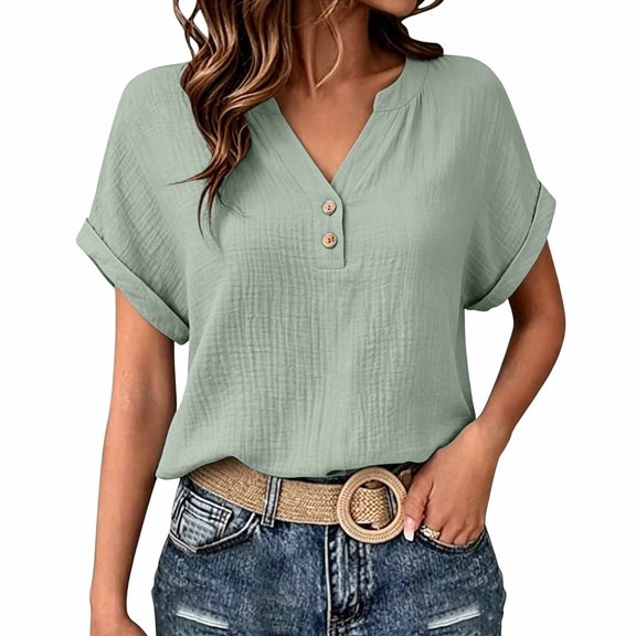 WMQPNNS Women's Blouse Roll up Short Sleeve V Neck Buttons Tops Solid Color Casual Loose Fit Tunic Shirts Summer Clothes (Mint Green, Size 3XL)