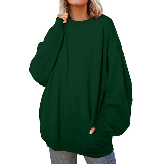 WMQPNNS Women's Oversized Sweatshirts Baggy Sweatshirt Crewneck Loose Fit Drop Shoulder Long Sleeve Pullover Tops with Pockets, Color Green, Size S