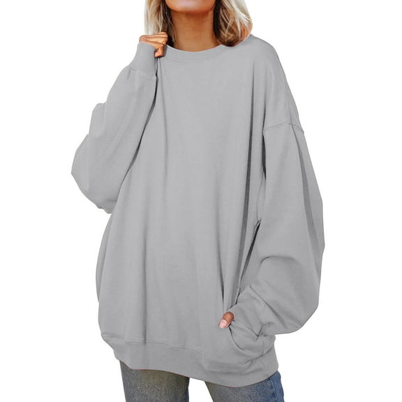 WMQPNNS Women's Oversized Sweatshirts Baggy Sweatshirt Crewneck Loose Fit Drop Shoulder Long Sleeve Pullover Tops with Pockets, Color Grey, Size L