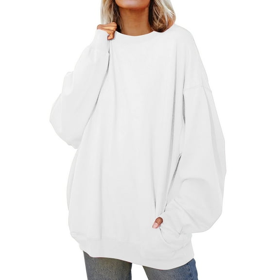 WMQPNNS Women's Oversized Sweatshirts Baggy Sweatshirt Crewneck Loose Fit Drop Shoulder Long Sleeve Pullover Tops with Pockets, Color White, Size S