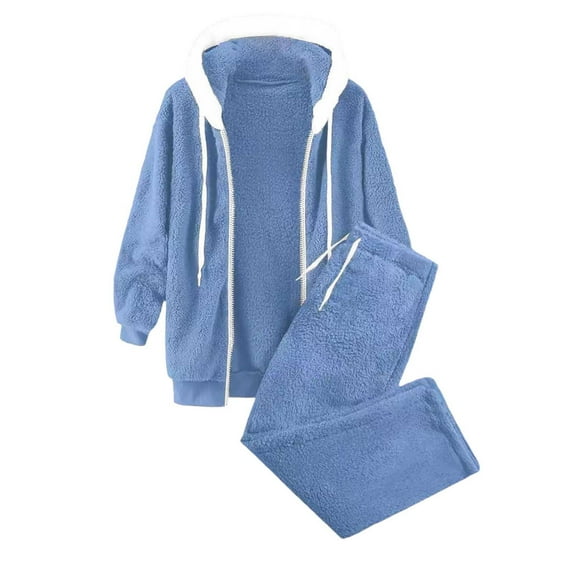 WMQPNNS Womens 2 Piece Sweatsuit Long Sleeve Zip up Hoodie Sweatshirt and Drawstring Sweatpants Winter Tracksuit Loungewear, Color Blue, Size S