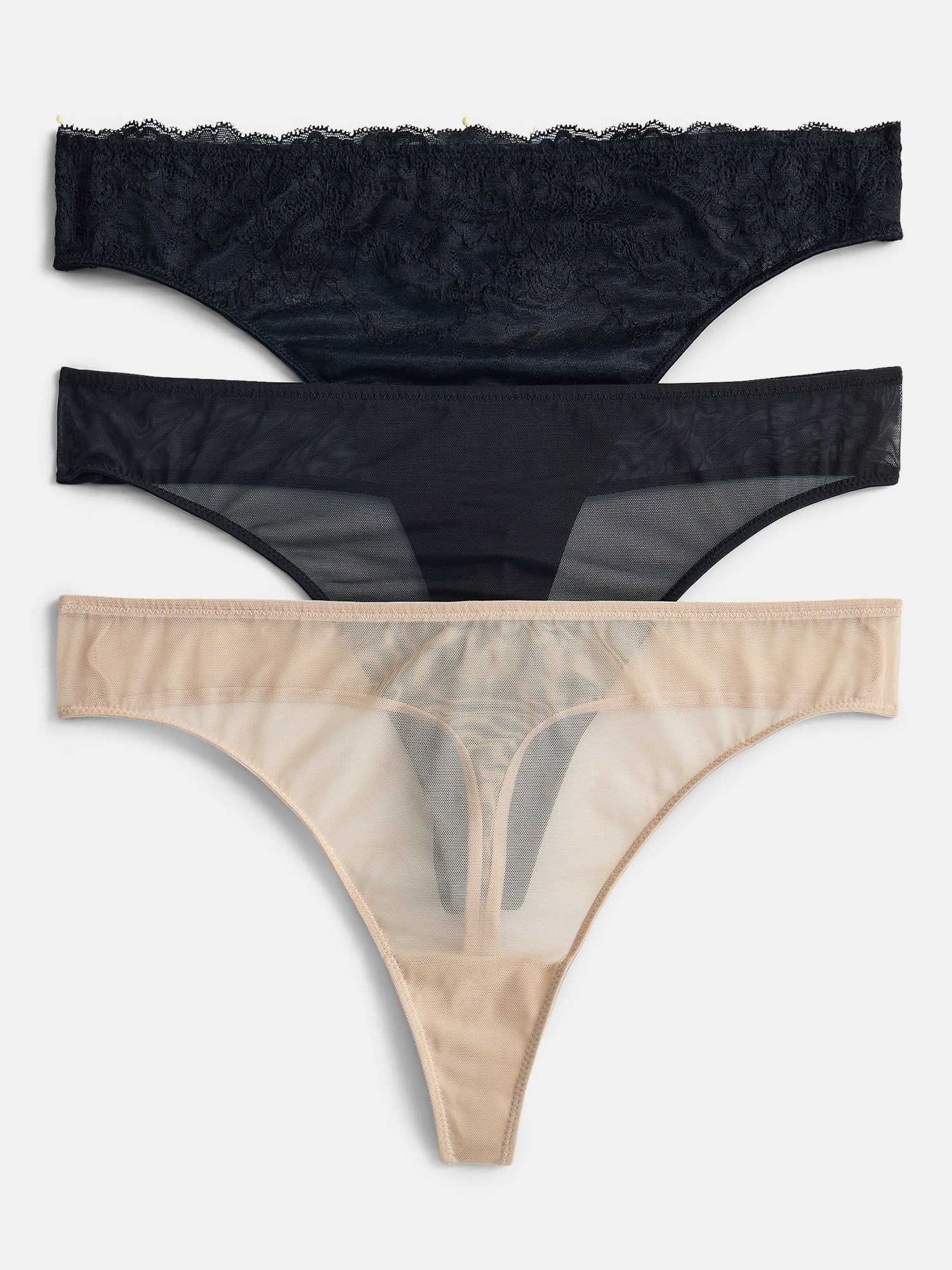 Joyspun Women's Lace and Mesh Thong Panties, 3-Pack, Sizes XS-XXXL