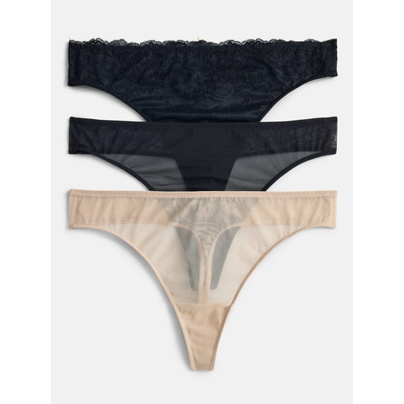 Joyspun Women's Lace and Mesh Thong Panties, 3-Pack, Sizes XS-XXXL
