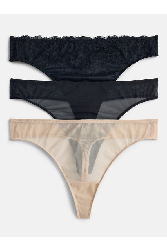 Women's Lace and Mesh Thong Panties, 3-Pack, Sizes XS-XXXL