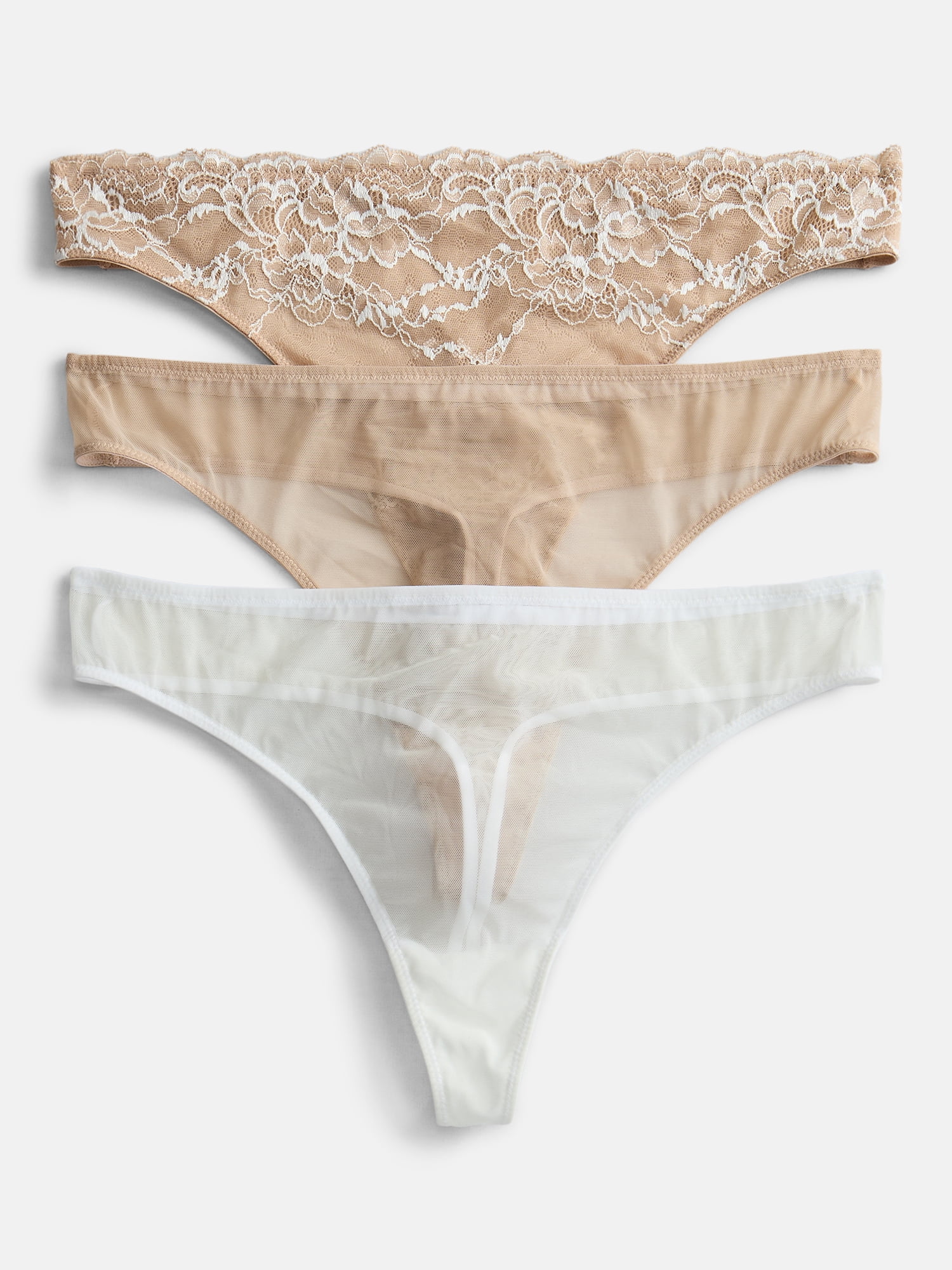Joyspun Women's Lace and Mesh Thong Panties, 3-Pack, Sizes XS-XXXL