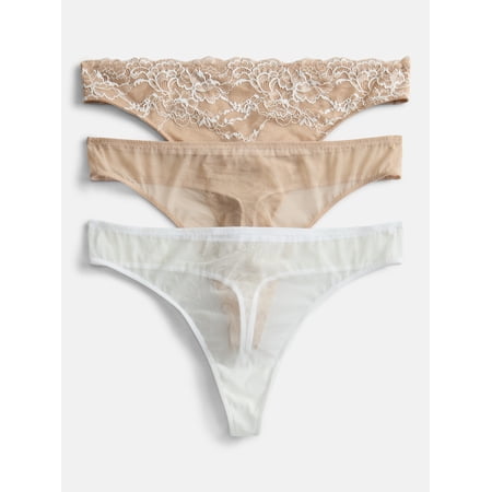 Joyspun Women's Lace and Mesh Thong Panties, 3-Pack, Sizes XS-XXXL