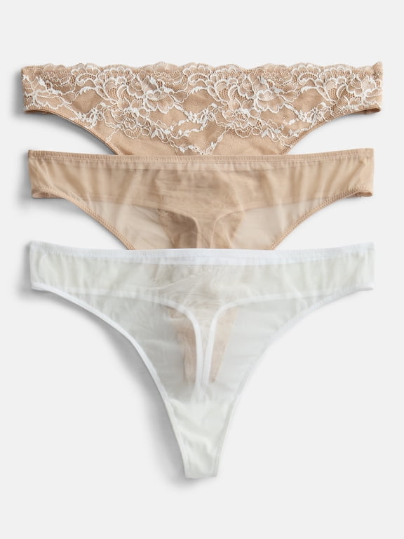 Women's Lace and Mesh Thong Panties, 3-Pack, Sizes XS-XXXL