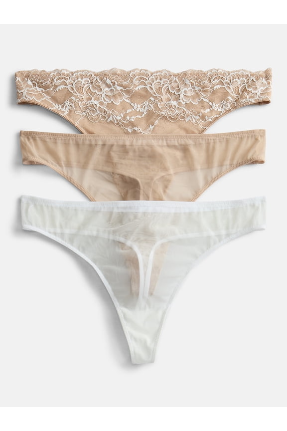 Women's Lace and Mesh Thong Panties, 3-Pack, Sizes XS-XXXL