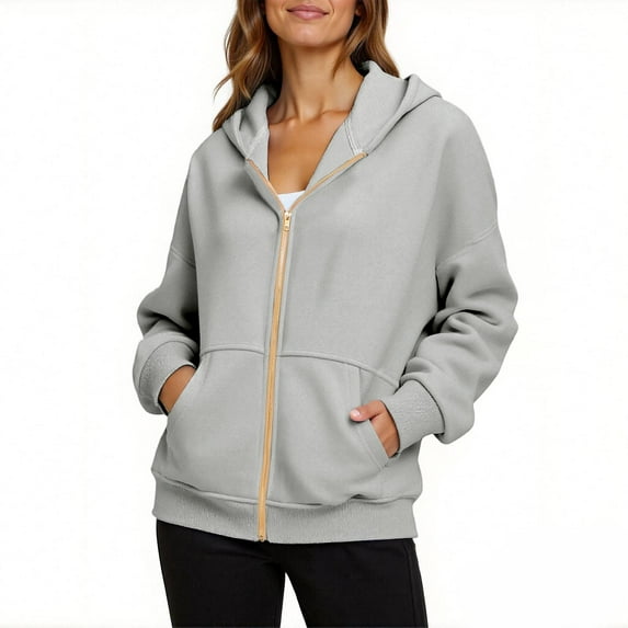 WMTBSRSE Fleece Zip up Hoodies for Women Long Sleeve Hooded Sweatshirt Solid Loose Casual Workout Jackets with Pockets Gray M
