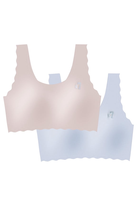 2 Pack Teenage Bras for Girls Seamless Training Bras Lightly Padded Everyday Bras for Teens Ruffle U Neck T-Shirt Bras No Underwire Lounge Bras for Age 7-14 Years