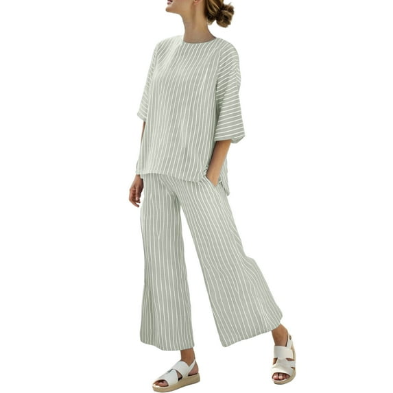 WMTBSRSW 2 Piece Fashion Striped Sets for Women 3/4 Sleeve Tunic Top Wide Leg Pants Matching Lounge Set Vacation Beach Travel Outfits
