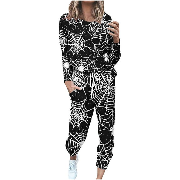 WMTBSRSW 2 Piece Pjs Set for Womens Spider Print Pajamas Lounge Set Long Sleeve Joggers Pants Sleepwear with Pockets Plus Size
