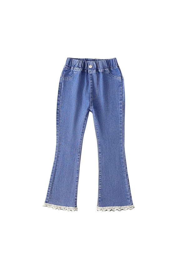 3-14 Years Girls Denim Elastic Waisted Flare Pants Spring and Autumn Pants New Wear Trousers Loose Cute Distressed Denim Pants with Pockets
