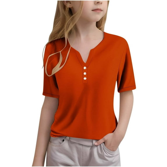 WMTBSRSW 3-14 Years Girls Henley Button up Blouse Tops Solid Short Sleeve T Shirts 2025 Casual Spring Summer Trendy Y2K Tunic Tees