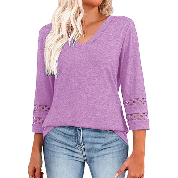 WMTBSRSW 3/4 Length Sleeve Womens Tops Basic Dressy Casual Blouses Trendy Hollow out V Neck T Shirts Fall Patchwork Going out Tops