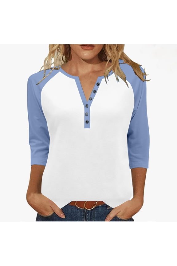 3/4 Length Sleeve Womens Tops Color Block Henley Shirts Round Neck Tunic Tops to Wear with Leggings Drop Shoulder Work Business Blouse Blue X-Large