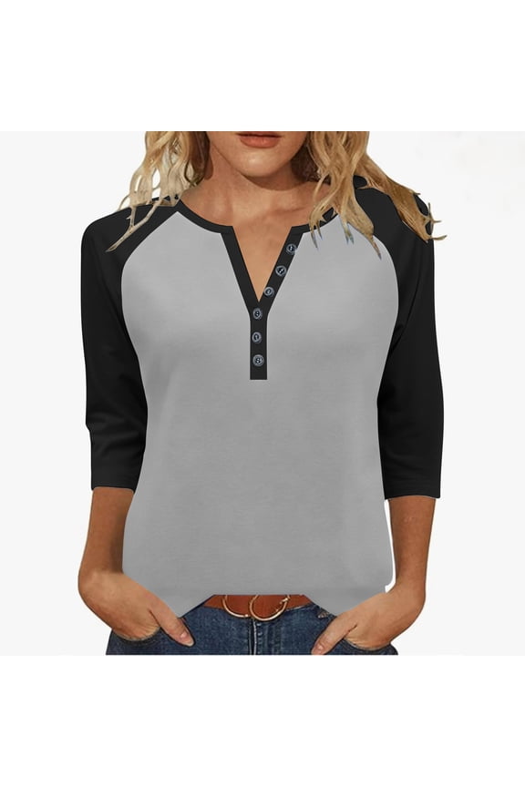 3/4 Length Sleeve Womens Tops Color Block V Neck Henley Raglan Shirts Half Button Blouses for Women Dressy Casual Tops Black Medium