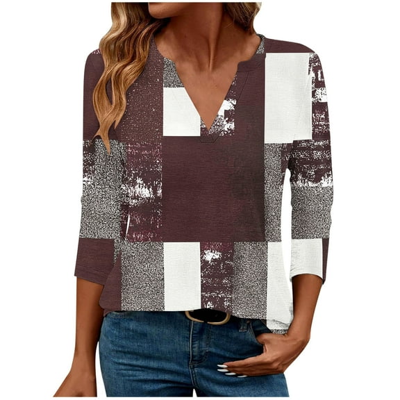 WMTBSRSW 3/4 Sleeve Shirts for Women Fashion Floral Print V Neck Fall Tops Basic Tunic Tops Loose Casual Dressy Top Gray3 Large