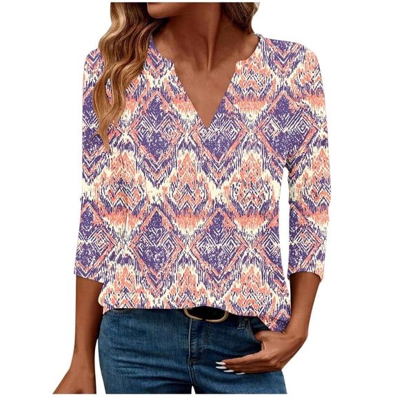 WMTBSRSW 3/4 Sleeve Shirts for Women Fashion Floral Print V Neck Fall Tops Basic Tunic Tops Loose Casual Dressy Top Pink3 Large