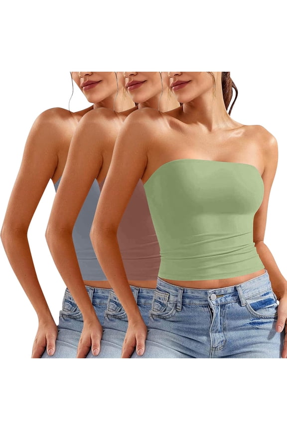 3 Pack Tube Tops for Women Slim Fit Crop Tops No Pad Clubwear Y2K Going Out Tops Strapless Tank Tops Bandeau Summer Outfits 2025