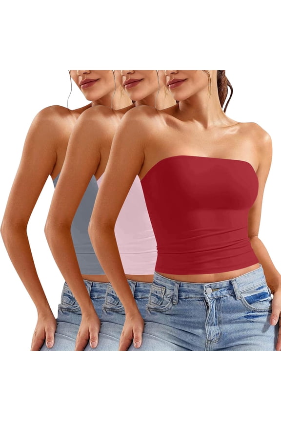 3 Pack Tube Tops for Women Slim Fit Crop Tops No Pad Clubwear Y2K Going Out Tops Strapless Tank Tops Bandeau Summer Outfits 2025