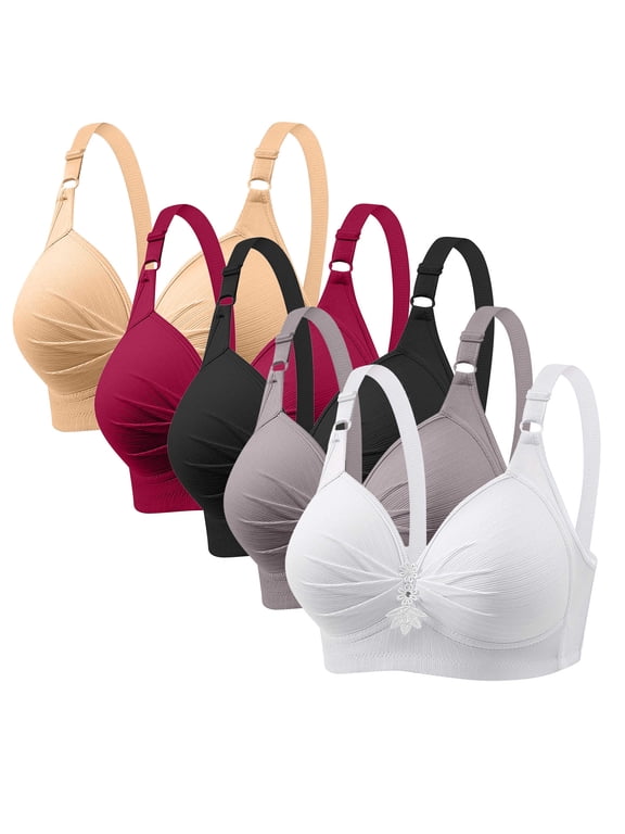 5 Pack Set Everyday Bras Women Plus Size Large Bust Full Support No Underwire Wireless Breathable Push Up Bra