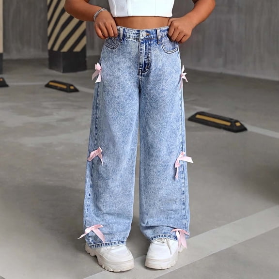 WMTBSRSW 6-13 Years Baggy Jeans for Teen Girls Wide Leg High Elastic Waisted Cute Bow Denim Trousers Y2k Pant Trendy Boyfriend Streetwear Light Blue
