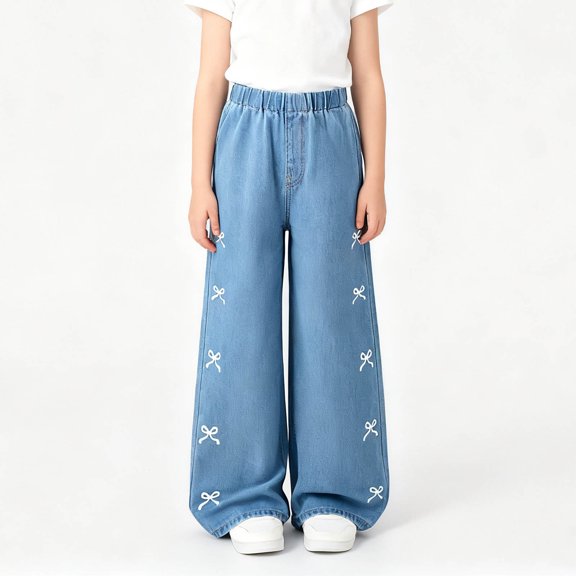 WMTBSRSW 6-13 Years Straight Leg Jeans for Girls High Elastic Waisted Cute Star Denim Lounge Pants Y2k Pant Trendy Boyfriend Streetwear Trousers Light Blue
