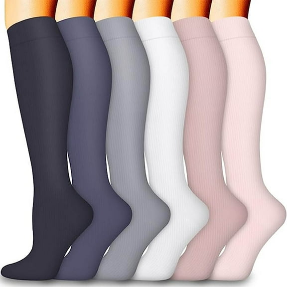 WMTBSRSW 6 Pairs Compression Socks for Women Circulation Best Support for Nurses Running Athletic Travel Comfortable Knee Length Socks for Adult