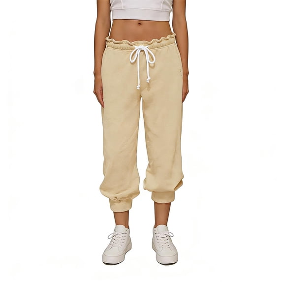WMTBSRSW Athletic Jogger Capris Women Ruffle Waisted Drawstring Cropepd Sweatpants Comfy Workout Running Pants Beige X-Large
