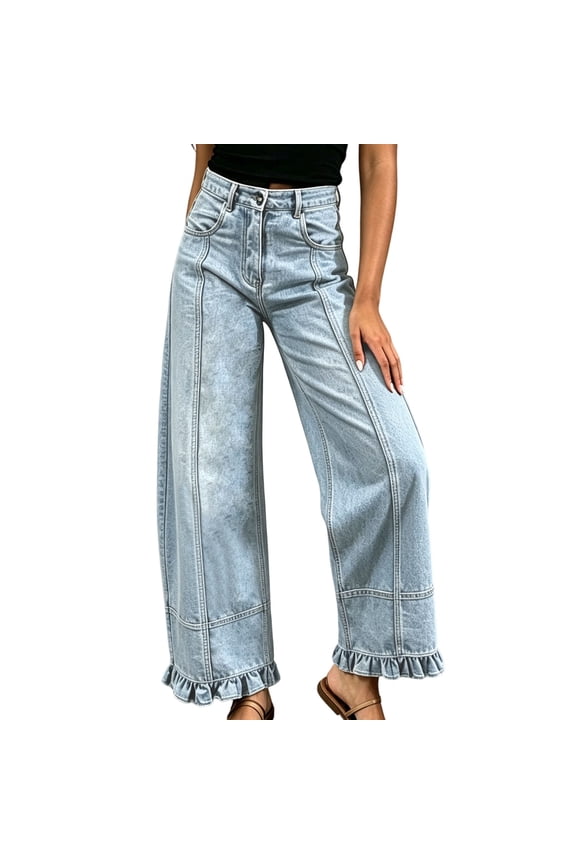 Barrel Jeans Women Ruffle Hem Wide Leg Jeans Y2k Patchwork Baggy Boyfriend High Waisted Denim Pants S-3XL Light Blue