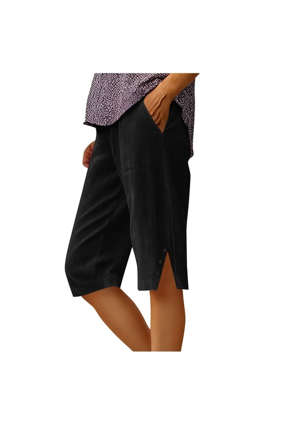 Bermuda Shorts for Women Corduroy Knee Length High Waisted Elastic Waist Summer Beach Shorts Side Button Split Casual Long Shorts with Pockets Black Large
