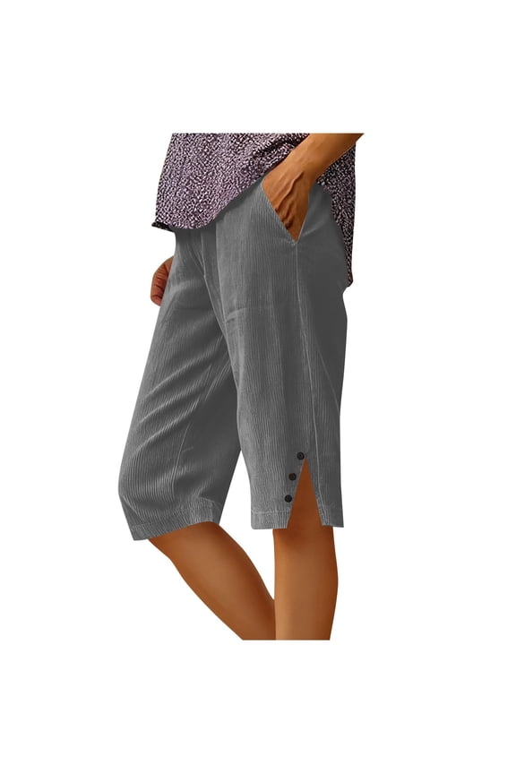 Bermuda Shorts for Women Corduroy Knee Length High Waisted Elastic Waist Summer Beach Shorts Side Button Split Casual Long Shorts with Pockets Gray Small