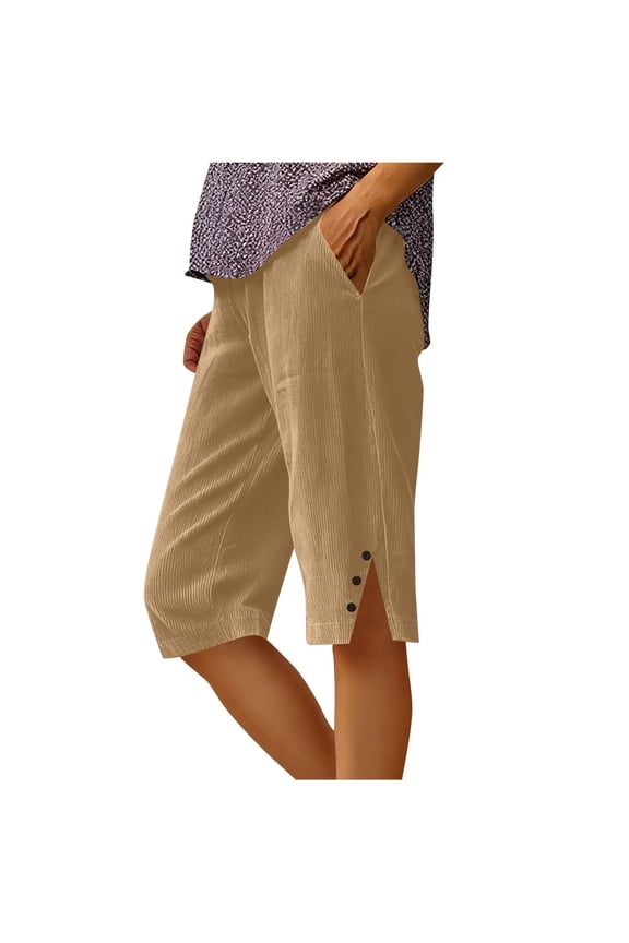 Bermuda Shorts for Women Corduroy Knee Length High Waisted Elastic Waist Summer Beach Shorts Side Button Split Casual Long Shorts with Pockets Khaki Large