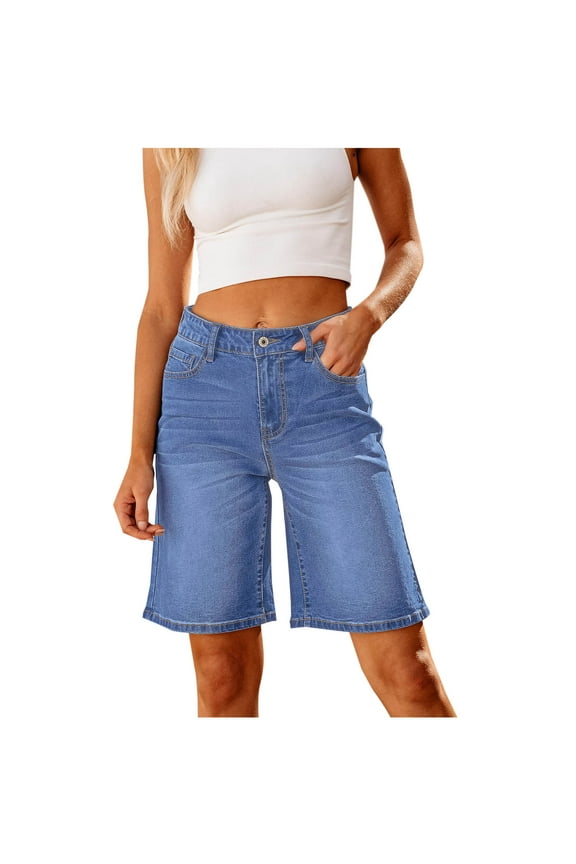 Bermuda Shorts for Women Straight Leg High Waisted Shorts with Patch Pocket Casual Vintage Long Stretchy Denim Shorts Summer Jorts Dark Blue XX-Large