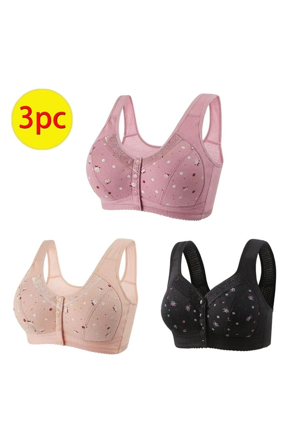 3 Pack Daisy Bras for Older Women Front Closure Wireless Push Up Bras Wirefree Comfortable Sleep Everyday Bras