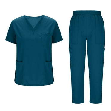 WMTBSRSW Scrubs for Women 2 Piece Medical Uniform Set with V-Neck Top & Straight Leg Pants with Multi Pockets Summer Medical Scrubs