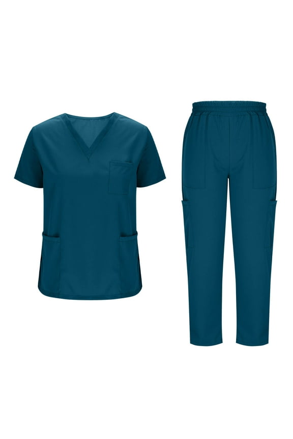 Scrubs for Women 2 Piece Medical Uniform Set with V-Neck Top & Straight Leg Pants with Multi Pockets Summer Medical Scrubs