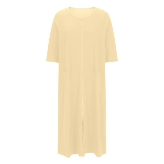 WMTBSRSW Women's Oversized Zipper Robe 3/4 Sleeve Drop Shoulder Housecoats Full Length House Dress Loungewear Long Nightgown with Pockets Lightweight Loose Sleepdress