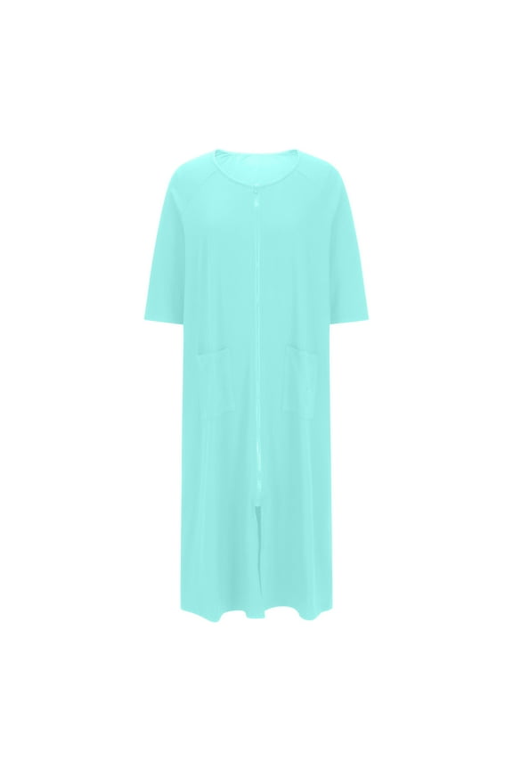 Women's Oversized Zipper Robe 3/4 Sleeve Drop Shoulder Housecoats Full Length House Dress Loungewear Long Nightgown with Pockets Lightweight Loose Sleepdress