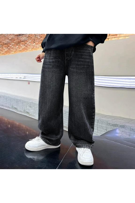 Boys Baggy Jeans for Kids Teen Casual Straight Wide Leg Cargo Jeans Y2K Loose Elastic Waist Denim Pants Trousers with Pockets Black 14 Years