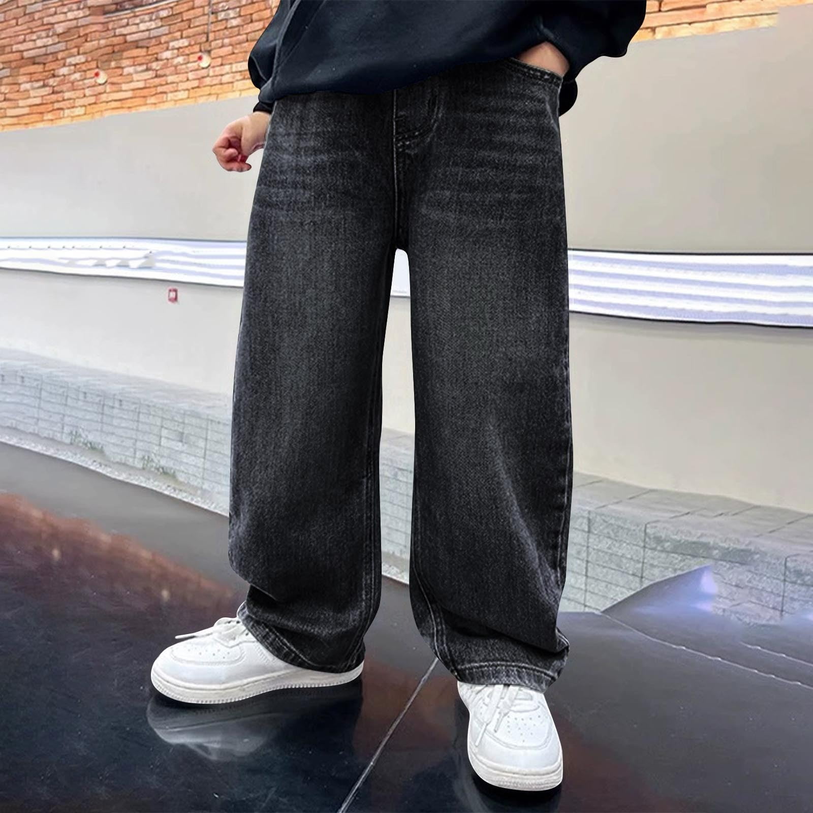 POIUYTR Girls Cargo Jeans Pants Elastic High Waisted Wide